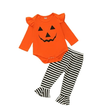 

OLLUISNEO Infant Baby Girls Romper Outfits 18 Months Winter Pants Outfits 24 Months Halloween Cartoon Print Long Sleeve Jumpsuit Pants Headband 3PCS Set Orange