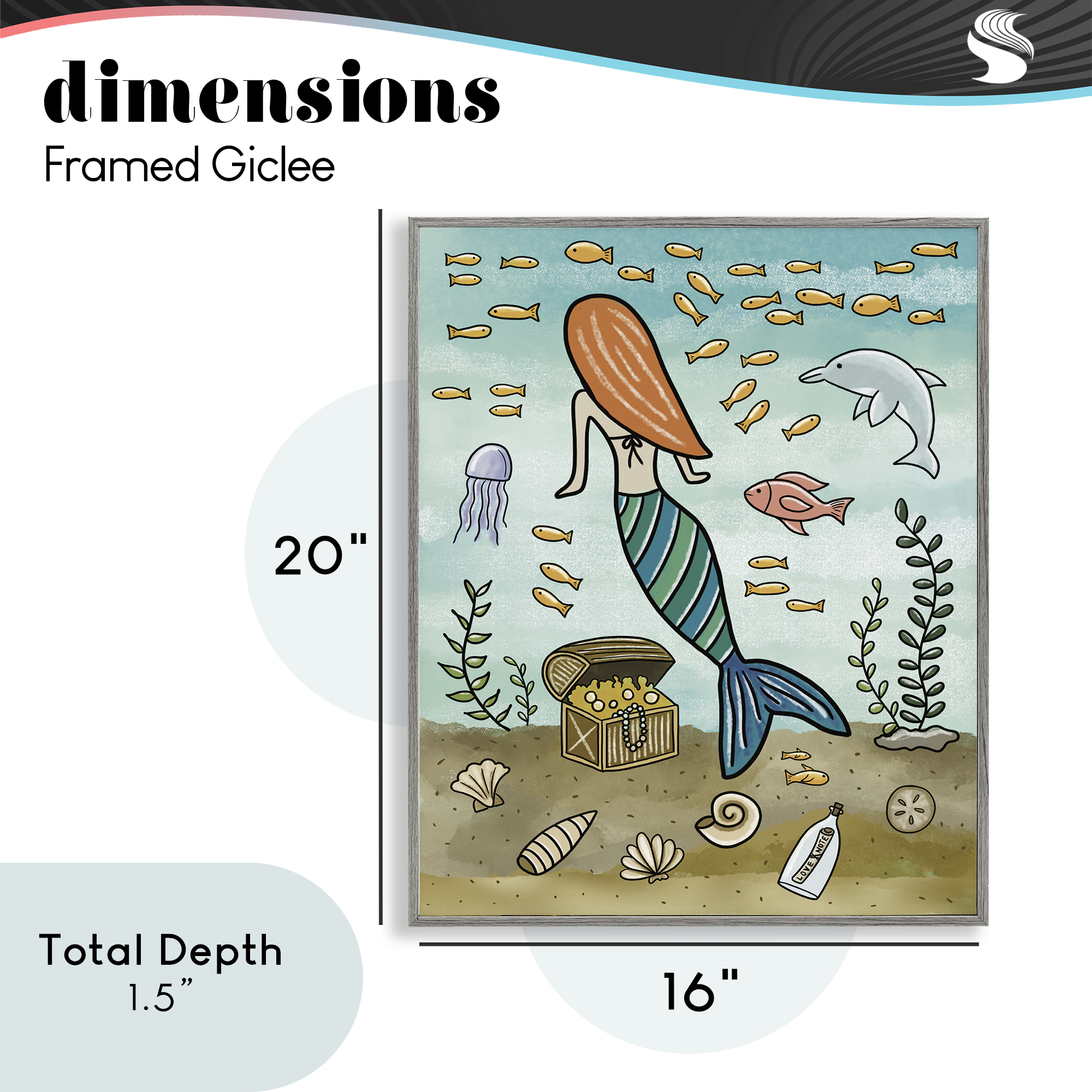 Mermaid Treasure Love Note Gray Framed Giclee Art, design by Jennifer Stith