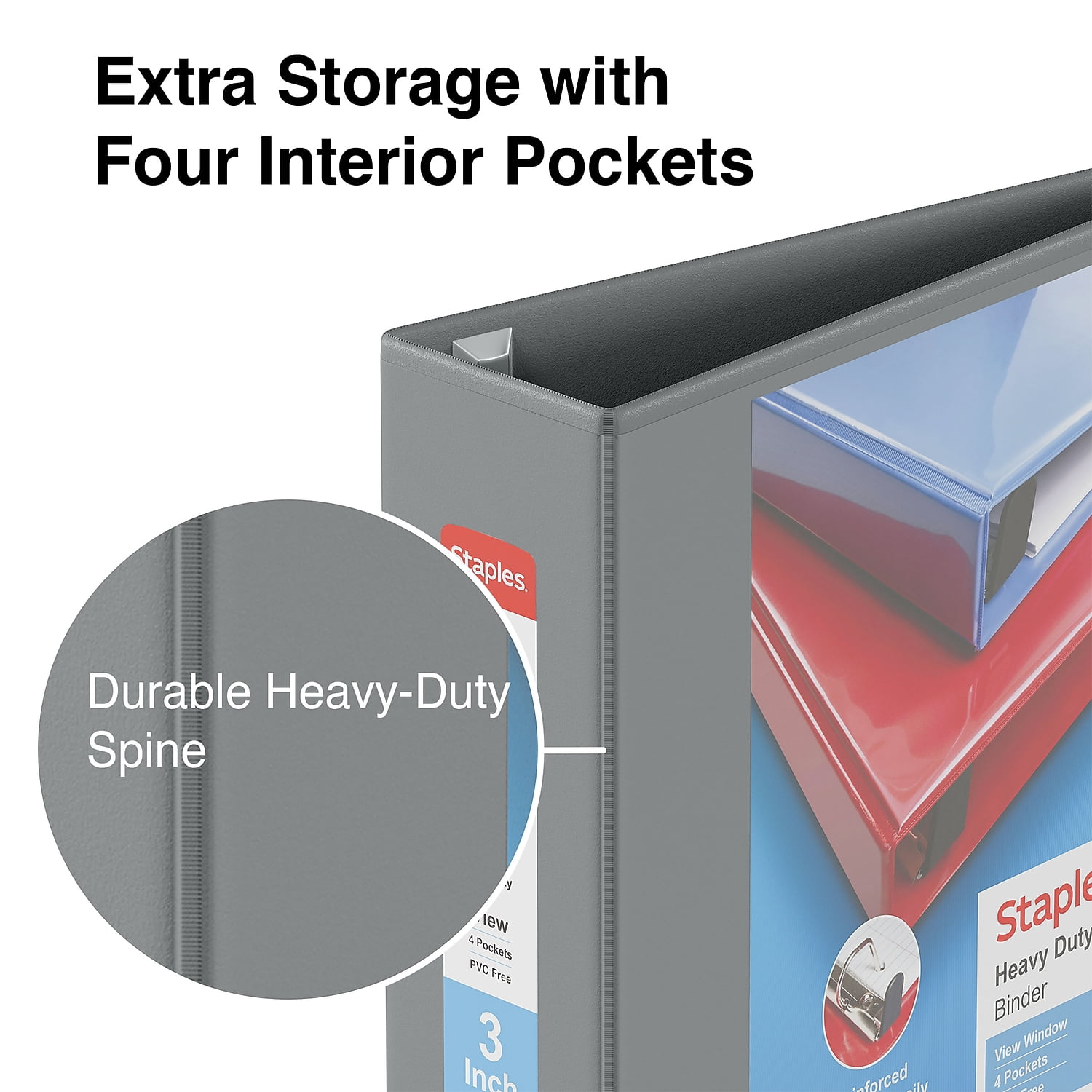 Staples Heavy Duty 3" 3-Ring View Binder with D-Rings and Four Interior Pockets Gray  2/Pack