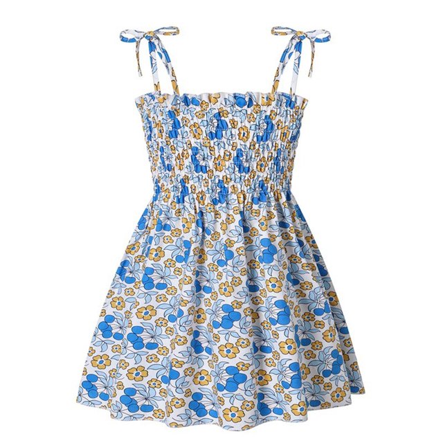MIASHUI Robe Florale pour Filles Tout-Petits Robe Smockée Ligne A Robe d'Été de Plage pour Filles, Bleu, 3-4 Ans
