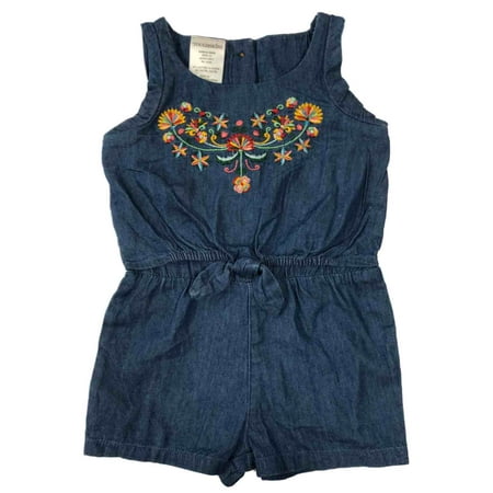 Stitch Detail Jumper - Infant Girls Blue Denim Chambray Stitched Floral Romper Jumper Baby Outfit