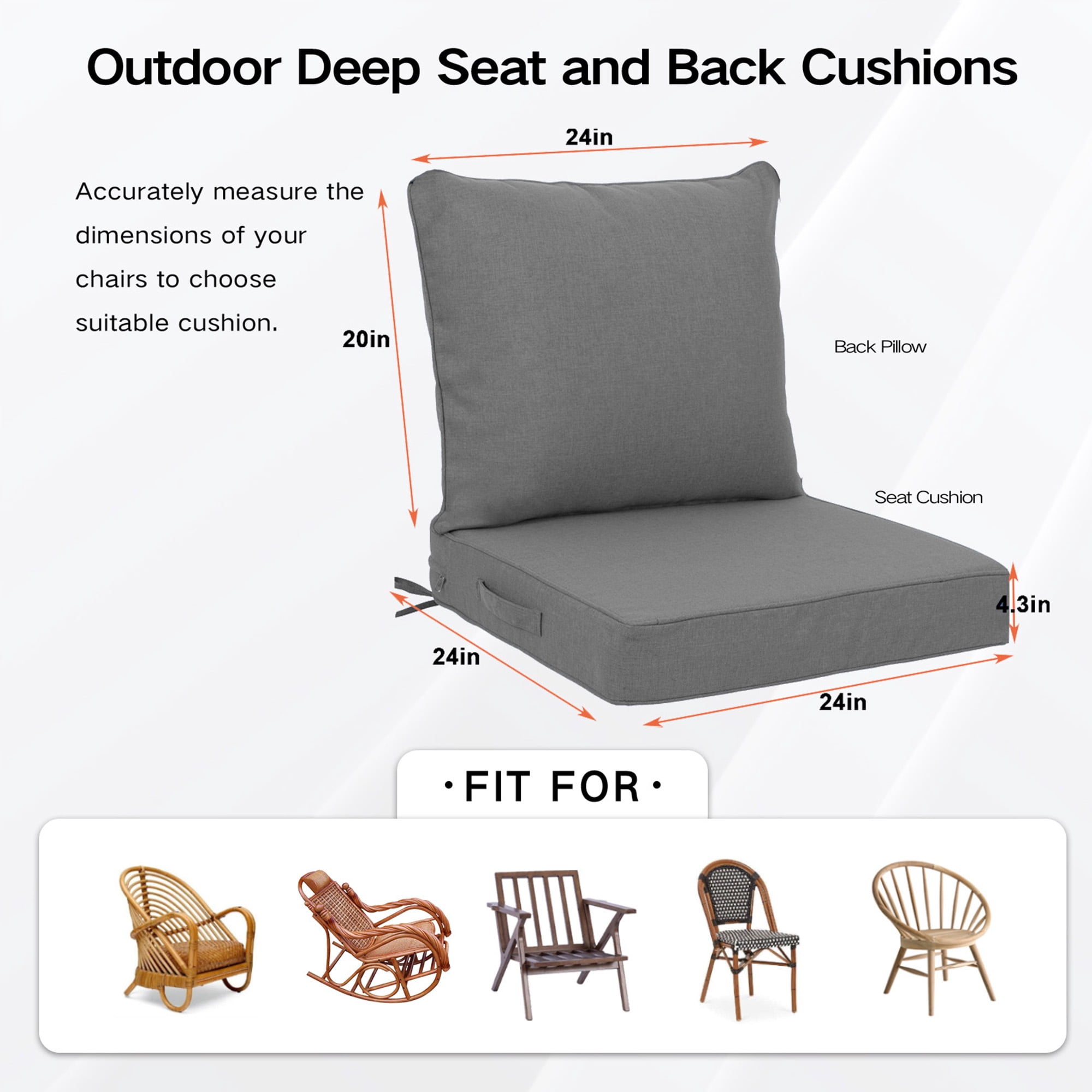 PUKNLY Outdoor Deep Seat Cushion Set, 24x24 in Waterproof Fade Resistant Patio Furniture Cushions,Thickened Foam,Removable Cover, Adjustable Straps
