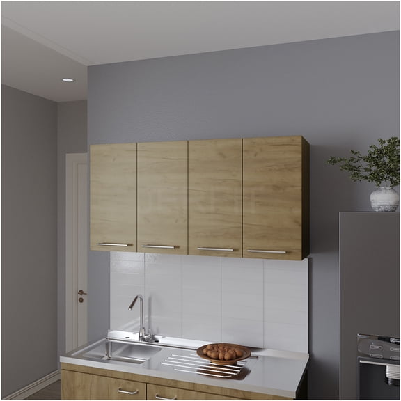 JERFIT 4-Door Beige Wall Mounted Kitchen Cabinet, Engineered Wood Bathroom Storage Cupboard with Adjustable Shelves