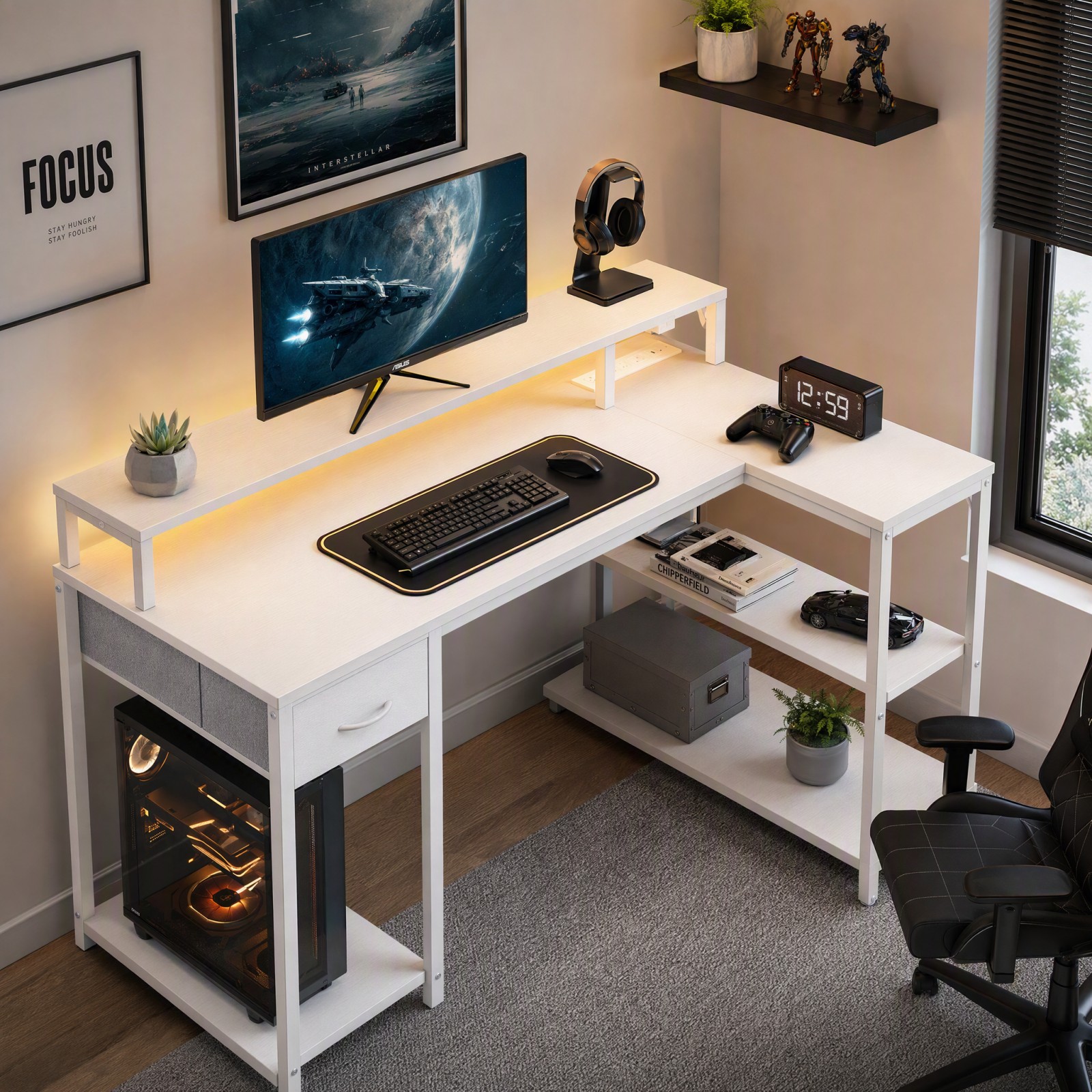 Telyra 47 Inch Gaming Table with USB Charging Port and Led Light, Reversible L-Shaped Table with Power Socket and Monitor Stand