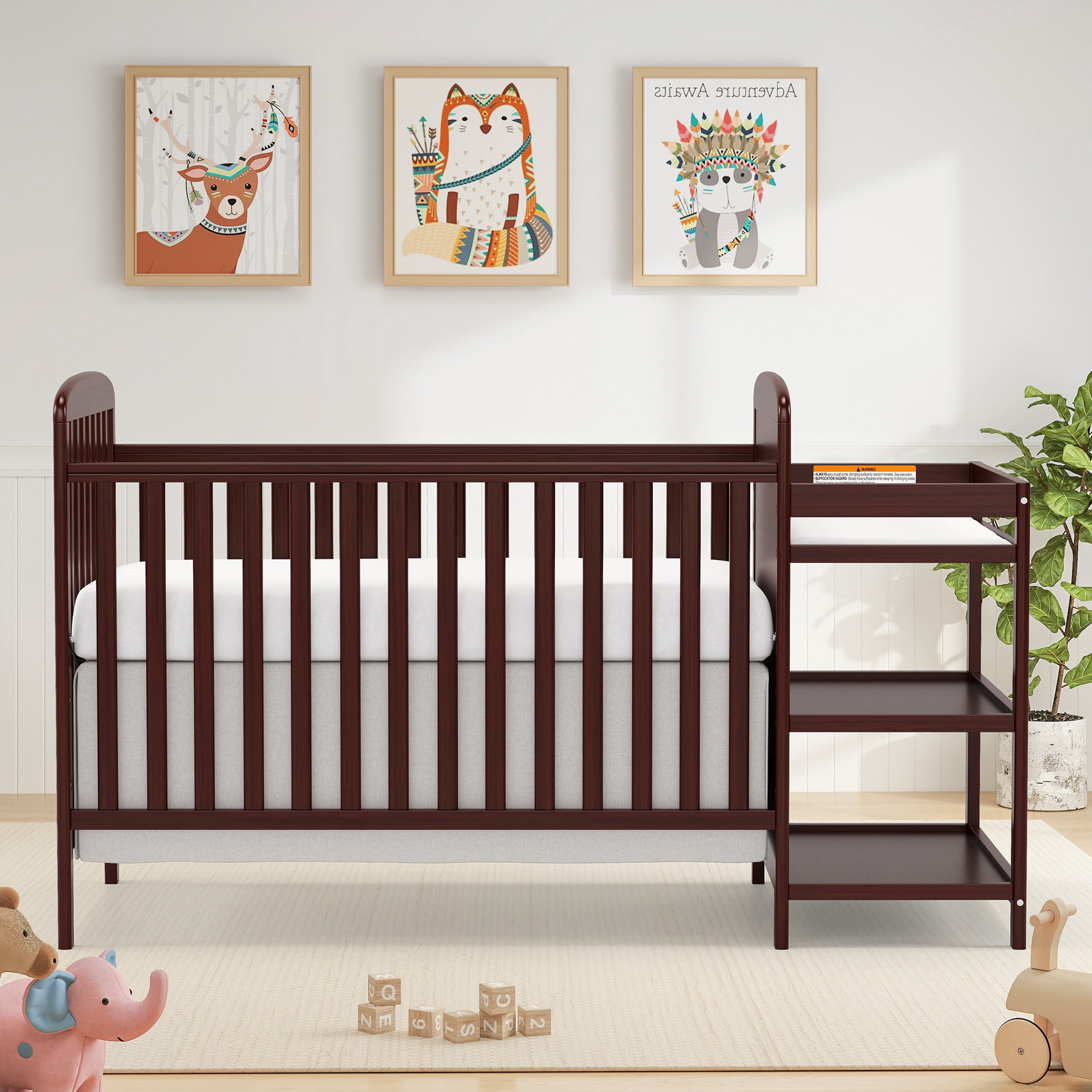 Conchico 3-In-1 Convertible Crib and Detachable Changer, New Zealand Pinewood Baby Crib, Toddler Daybed Bed with 3 Heights, Non-Toxic Finish, Easy to Assemble, Espresso