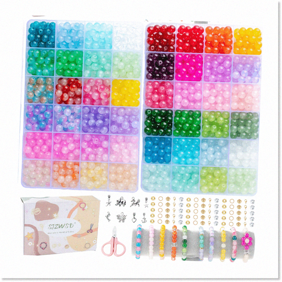 1200 Pieces 8mm Round Glass Beads - 48 Unique Colors - Dual-Tone Crystal Beads for Jewelry Making - Elegant Gift Box Included