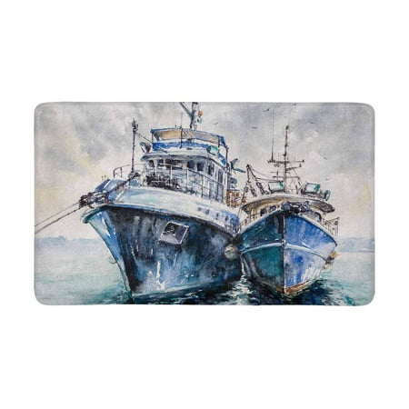Mkhert Two Fishing Boats Anchored In Harbor Doormat Rug Home