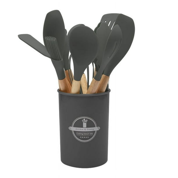Juego de 12 utensilios de cocina con mango de madera de silicona, utensilios de cocina anticalor, pala para wok, cuchara de silicona, utensilios de cocina de silicona