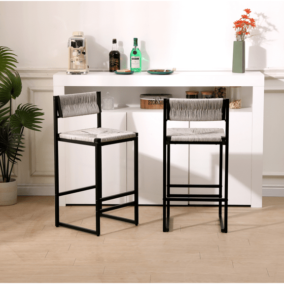 Gray Woven Bar Stools Set of 2 with Back Paper Rope Counter Height