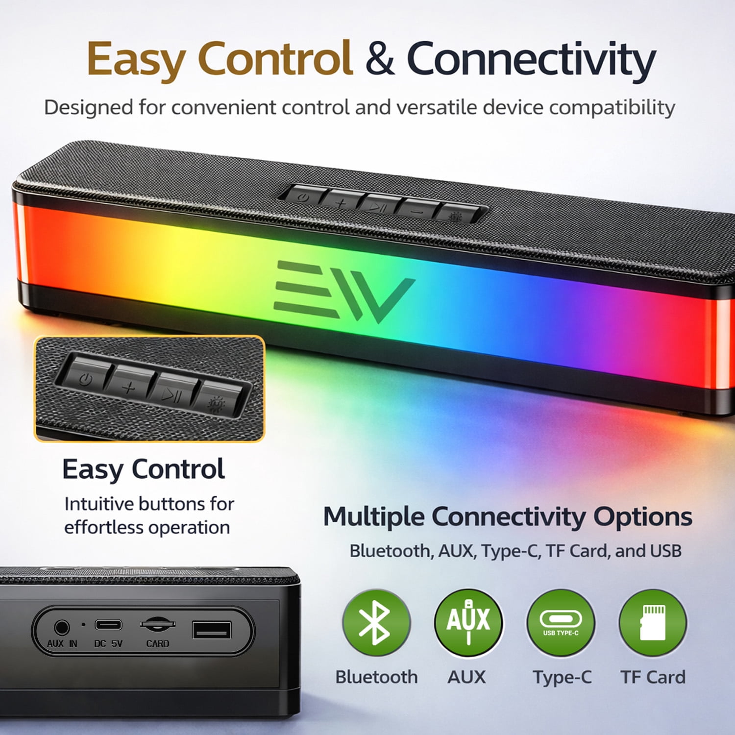 Electronic World Mini Bluetooth Soundbar Speaker, 20W Portable Wireless Speaker for TV, PC and Laptop, Bluetooth 5.3, AUX, USB and TF Card Support, Includes USB and AUX Cable