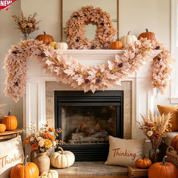 79in White Maple Leaf Pumpkin Garland, Artificial Fall Harvest Hanging Vine, Flexible Waterproof Foliage String for Wall Mantel Fence Indoor Outdoor Halloween Decorations Thanksgiving Christmas Decor