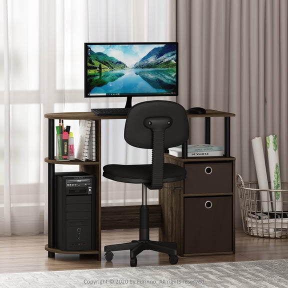 Furinno JAYA Computer Study Desk with Bin Drawers, Columbia Walnut/Black/Dark Brown