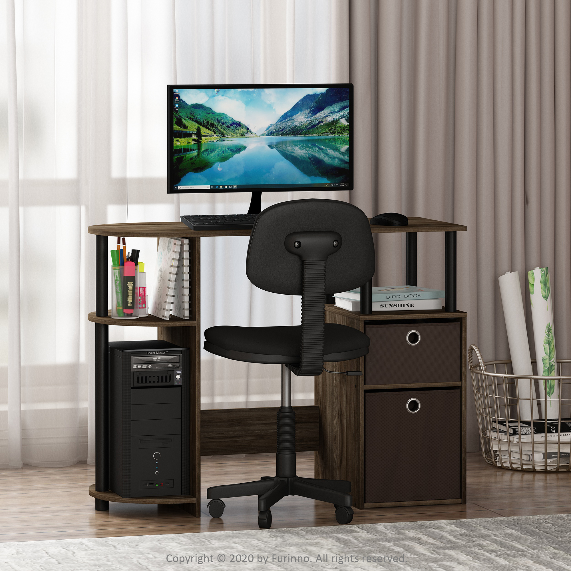 Furinno JAYA Computer Study Desk with Bin Drawers, Columbia Walnut/Black/Dark Brown