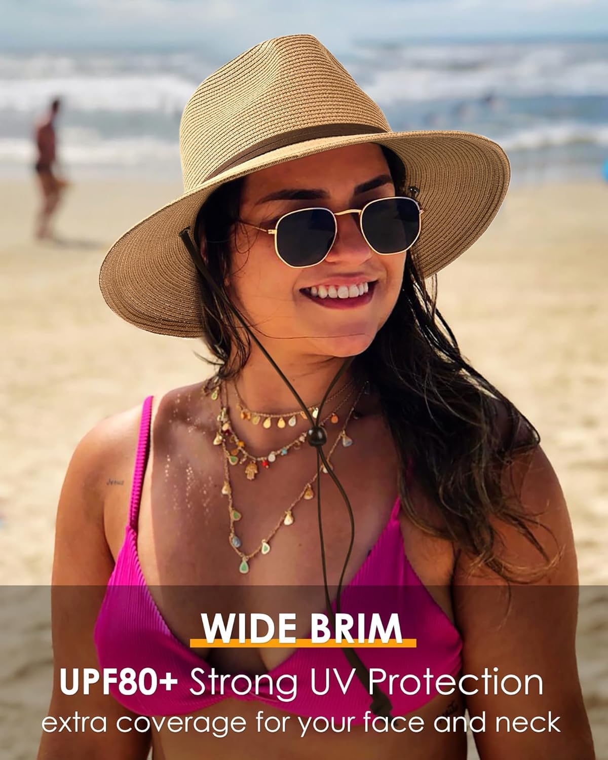 WOMENS SUMMER STRAW SUN HATS WIDE BRIM PANAMA FEDORA BEACH HAT WITH WIND LANYARD EOZY Straw Sun Hat With Leather Belt – Wide Brim Panama  main image 4