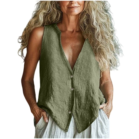 VINUSLI Womens Linen Sleeveless Tops Lightweight Button Down Vest Fully Lined Deep V Neck Casual Waistcoat Tees Army Green,XXL