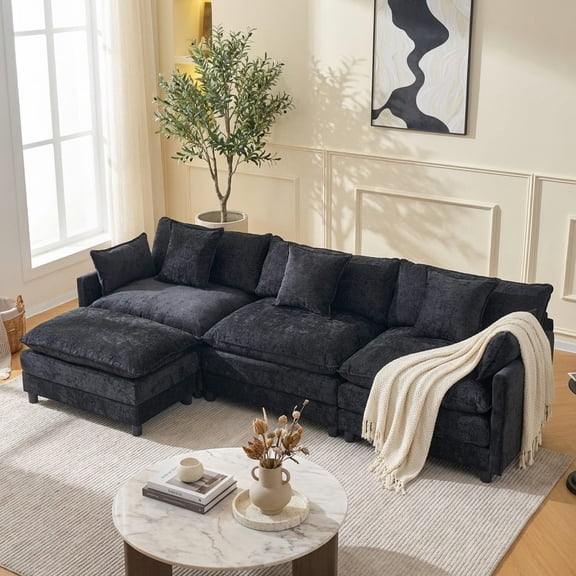 108" L Shaped Modern Sofa Modular Sectional Cloud Couch with Ottoman, 4-Seat Chenille Deep Seat Sofa with Pillow for Living Room, Bedroom and Apartment