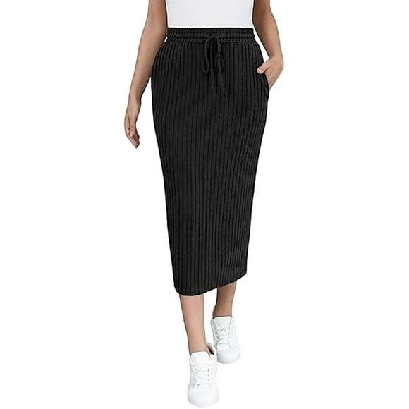 NINGMENG Jupes pour Femmes Été Couleur Unie Mode Taille Haute Élastique Jupe MIDI Décontractée Tenue de Vacances, Noir, m