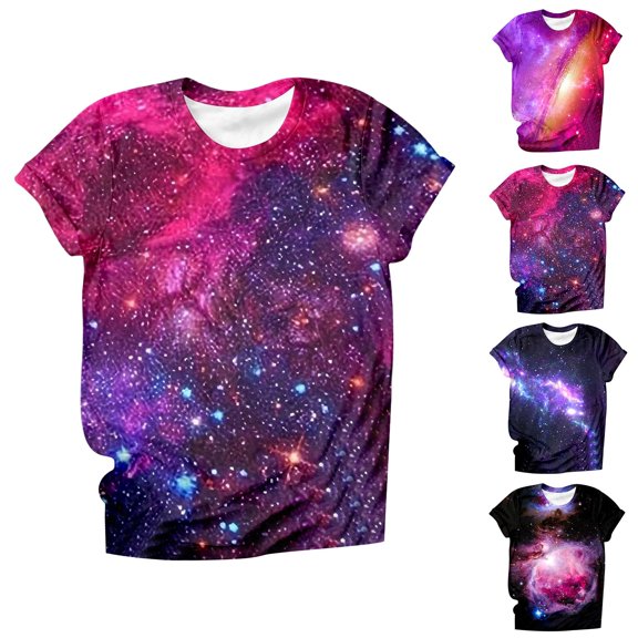 Helii Women's Galaxy Print T Shirt 3D Digital Starry Sky All over Print Graphic Tee Short Sleeve Crewneck Loose Fit Casual Summer Tops Trendy Festival Concert Outfits 4 Colors