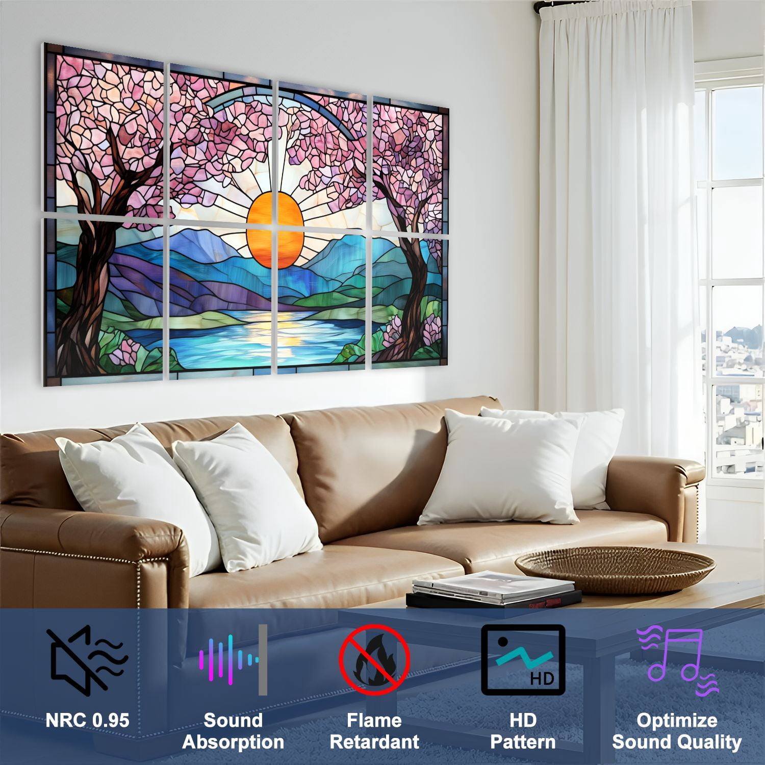 Stained Glass Style 8 Pack Art Acoustic Panels Sound Absorbing Cherry Blossom Trees Mountain Decorative Soundproof Wall Panels Self Adhesive for Nursery Game Room Bedroom 48"x32"