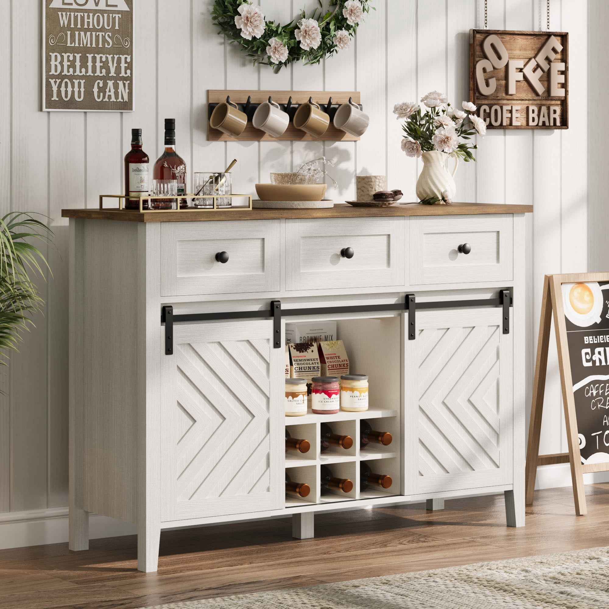 Farmhouse Buffet Cabinet with Sliding Barn Door 3 Drawers Adjustable Shelves Removable Wine Rack Rustic Sideboard Coffee Bar for Dining Room Kitchen Living Room