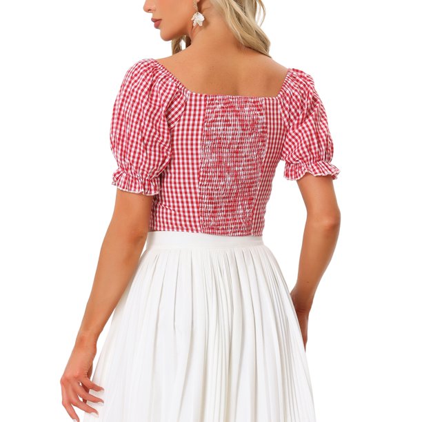 INSPIRE CHIC Gingham Blouse for Women's Summer Puff Sleeve Smocked