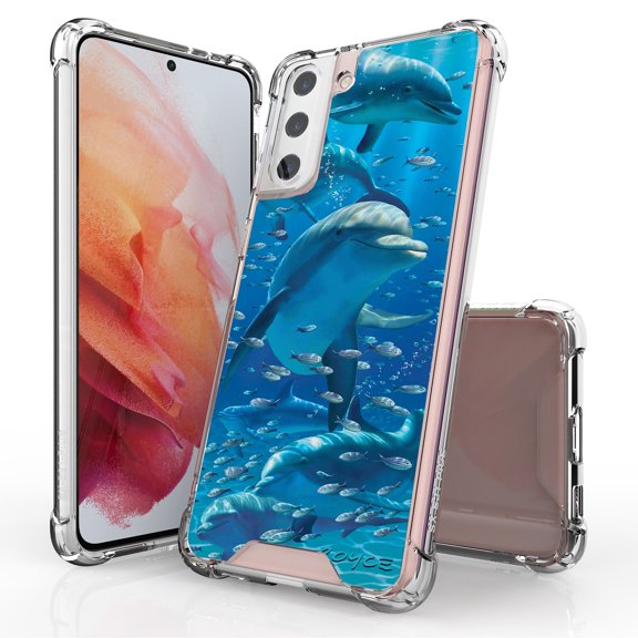 ANJ Hybrid Slim Hard Back Cover Case Flexible Bumper for Samsung Galaxy S21 Plus - Dolphins