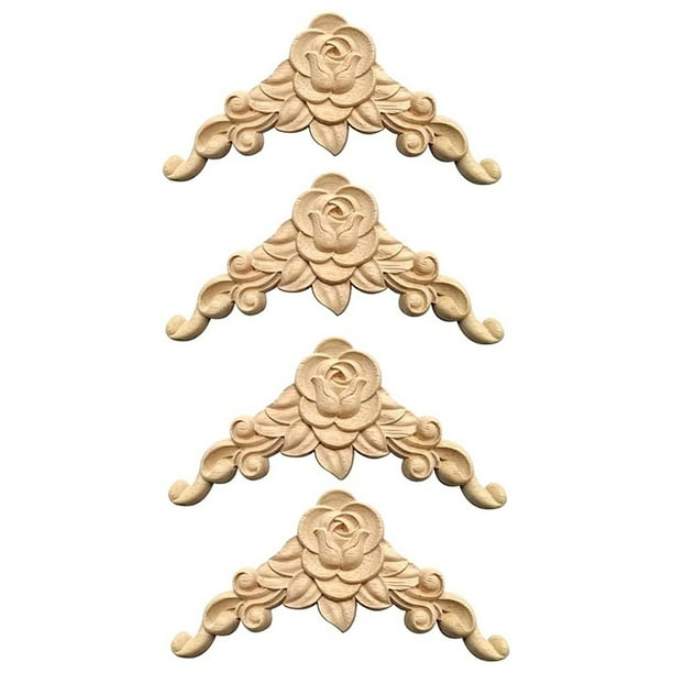 Moldura decorativa de madera, 4 piezas de madera tallada, moldura decorativa de esquina, madera decorativa, artesanías de madera, escultura de madera, moldura decorativa de roseta sin
