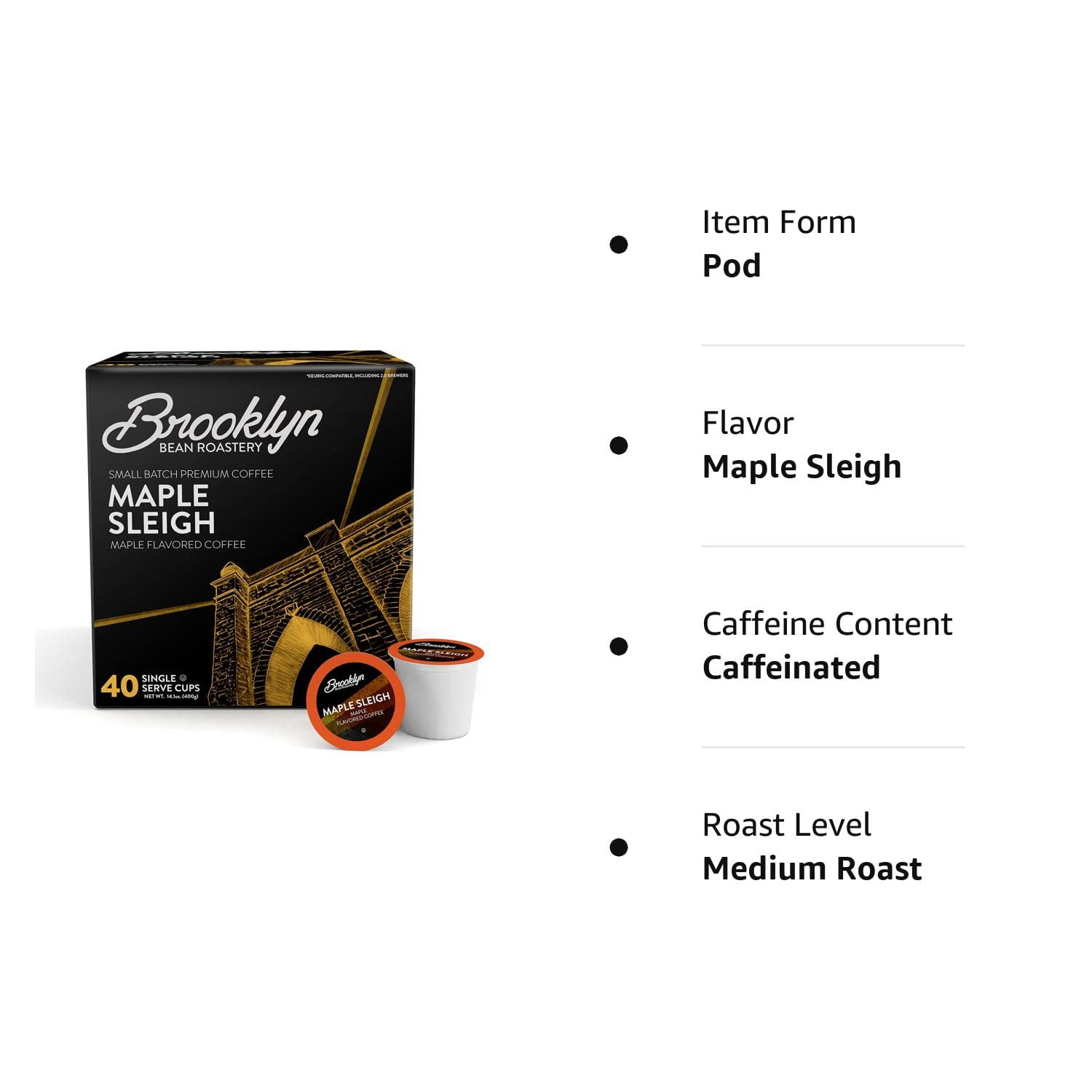 Brooklyn Bean Roastery Maple Sleigh Coffee Pods for Single-Serve Coffee Brewers, 40-Pack