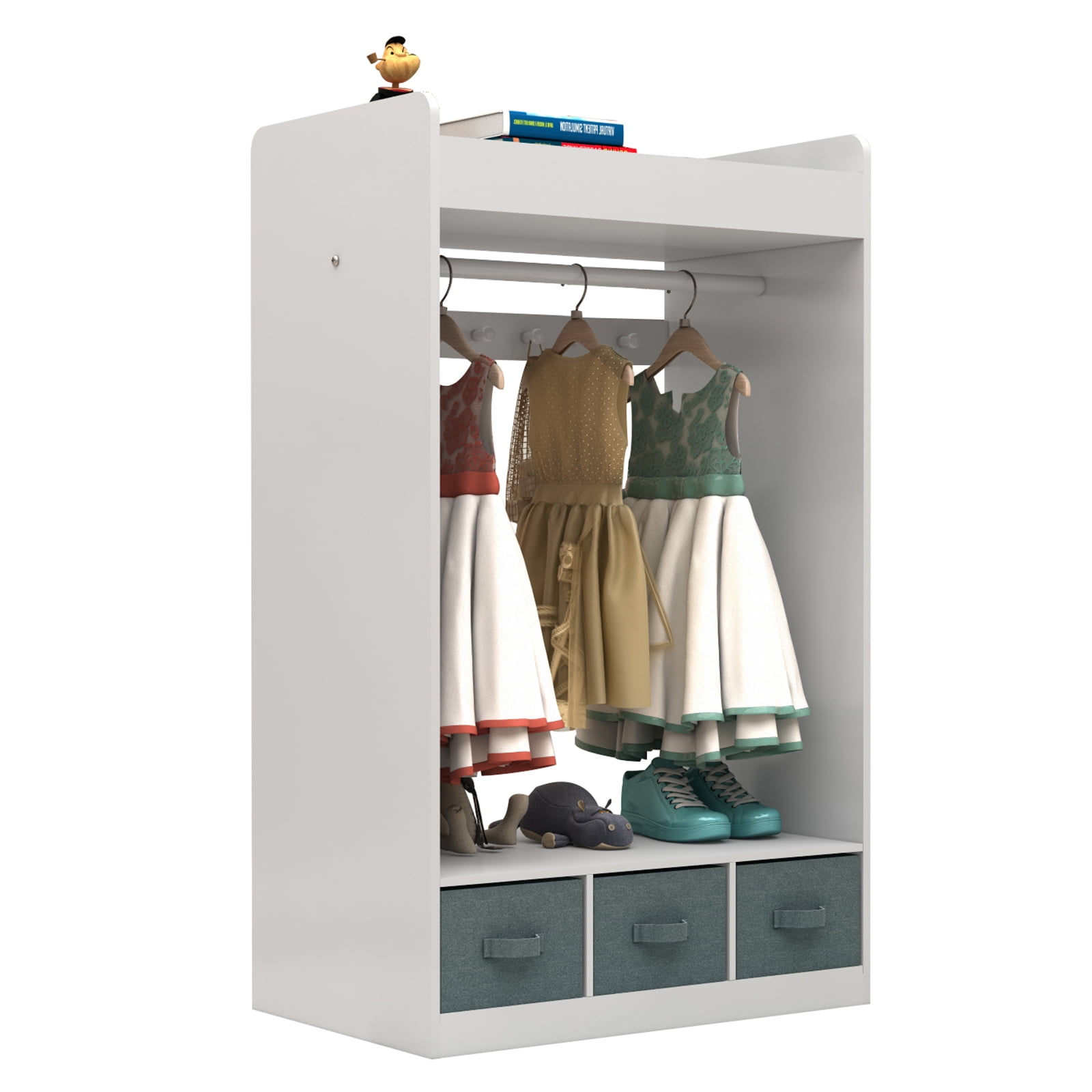 Kids Costume Organizer Rack, Kids Open Hanging Armoire Closet with Mirror, White