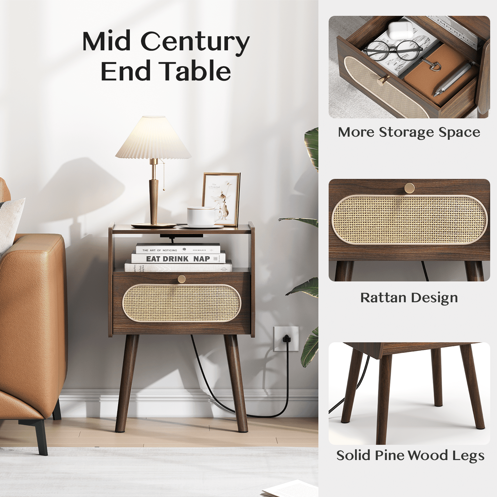 JOINICE Nightstands with Charging Station, Set of 2, Mid-Century Modern End Tables, Dark Walnut