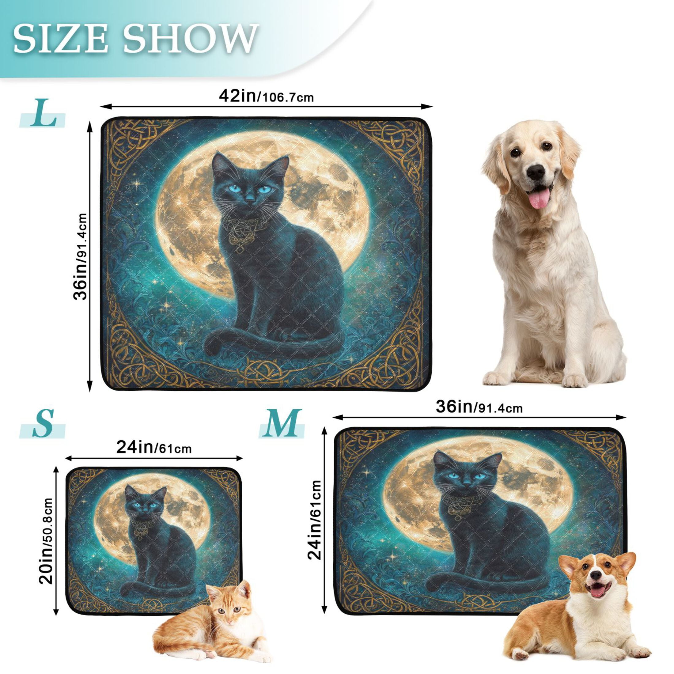 Qxltty Black Cat with Full Moon Cat litter Pads Pet Set of 3 Diaper Mats Center Anti-leakage Layer Absorbent Soft and Comfortable