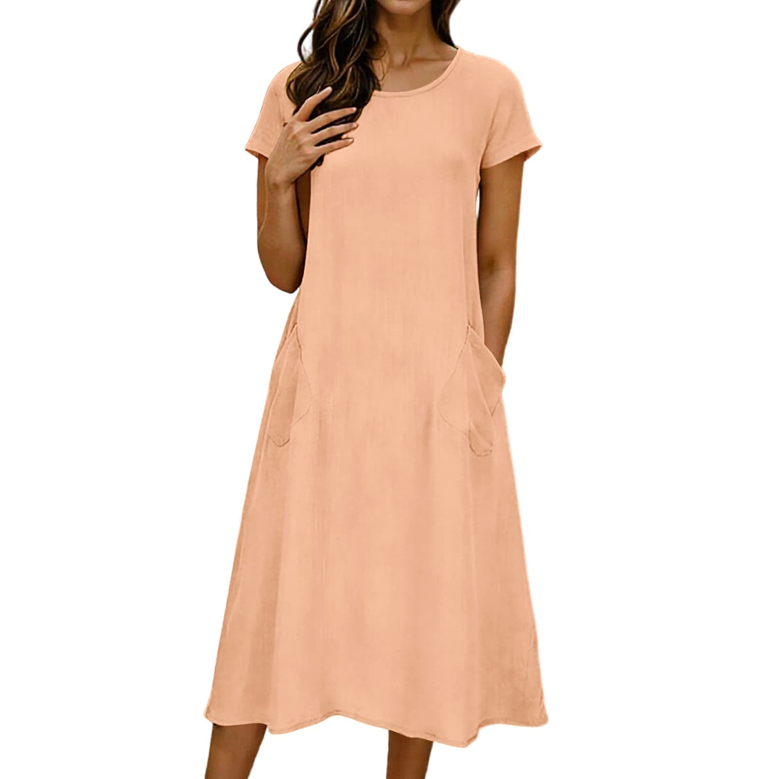 YFNNUP Short Sleeve Cotton Linen Maxi Dress for Women Round Neck Casual Summer Dresses Vintage Flowy Beach Vacation Sundress with Pockets