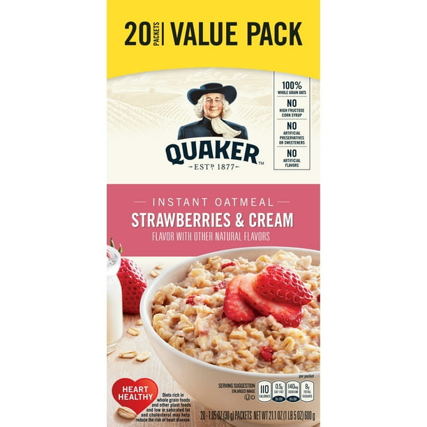 Quaker Instant Oatmeal, Strawberries And Cream, Value Pack, 20 Packets