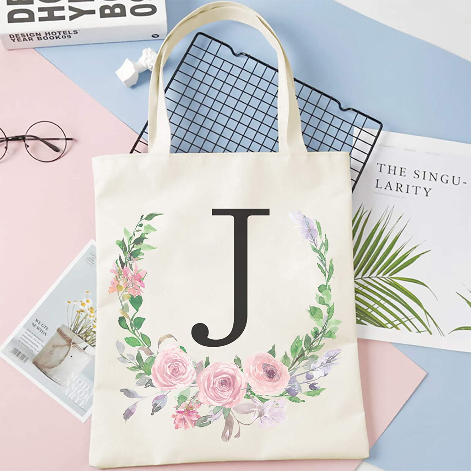 Letter J Tote Bag Personalized Floral Initial Tote Bags for Women Letter J Bag for Girls Canvas Tote Bags Reusable Grocery Bags Shopping Bags for