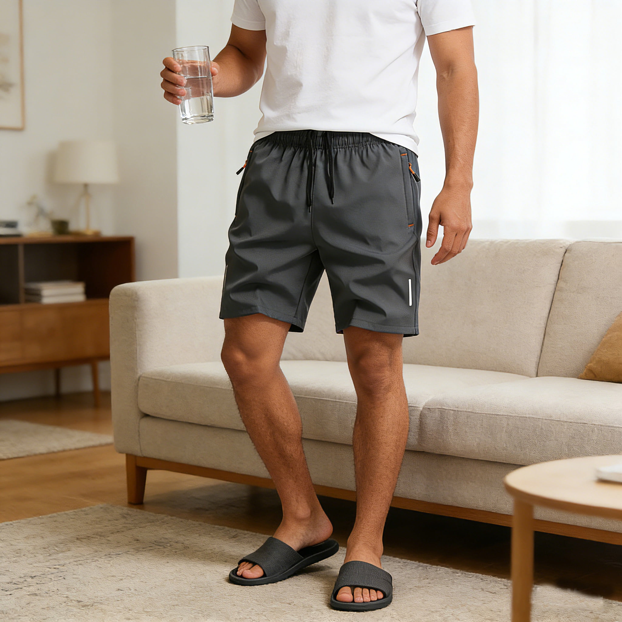 LONKITO Summer Mens Shorts Elastic Waist Lightweight Running Shorts with Zipper Pockets for Casual Athletic Beach, Size L