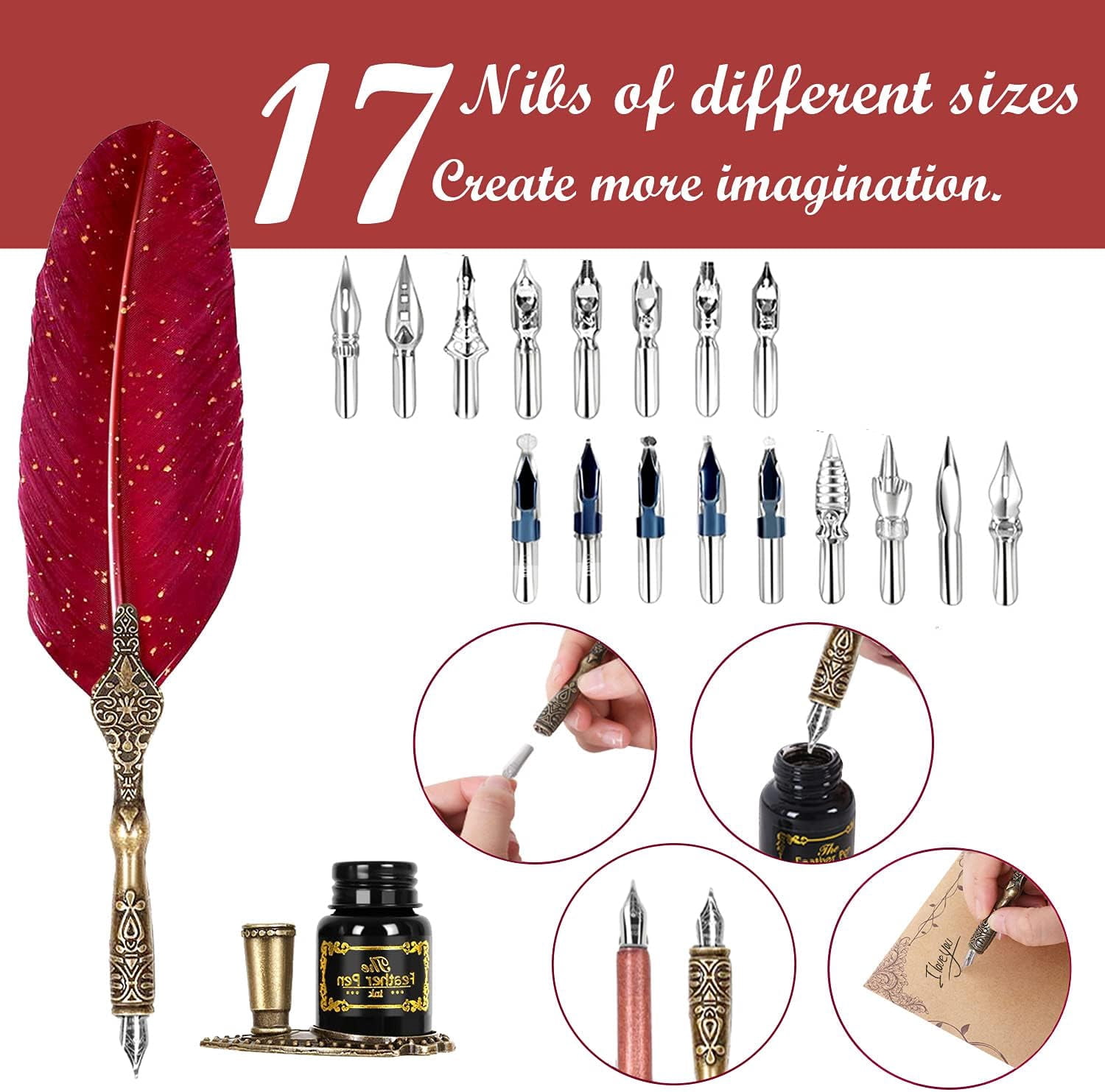 Quill Pen and Ink Set,Feather Pen Ink Set Iludes Quill Pen and wooden dip pen,Ink,17 Replacement Nib,Pen Base,3 Wax Seal Sticks,Stamp,White Wax, Spoon,Envelope Letter Paper,envelope tool(Red)