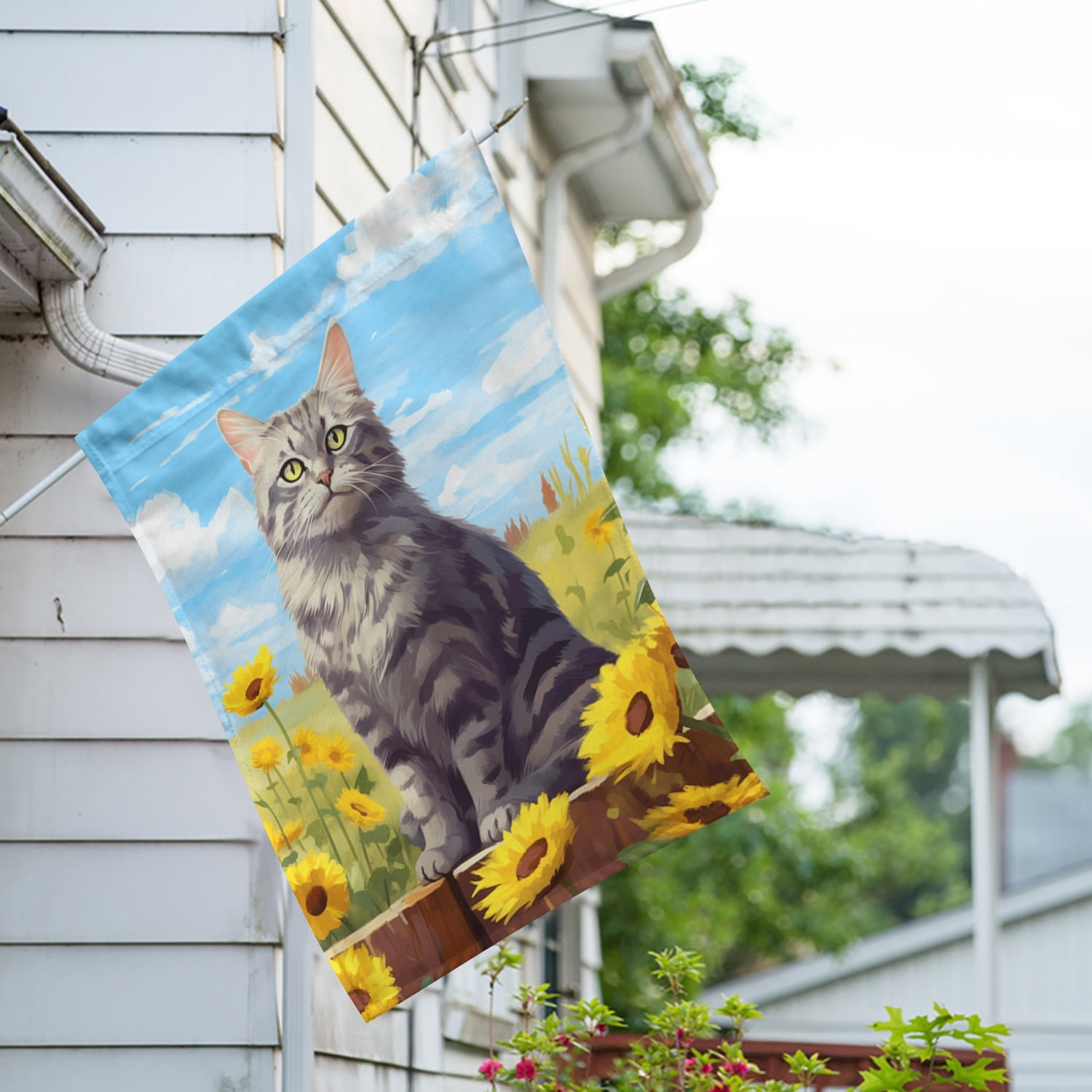 America Forever Spring Summer Sunflower Cat House Flag 28 x 40 inch Double Sided Kitty Floral Spring Summer House Flag for Outdoor Tabby Cat Flag Yard Decoration