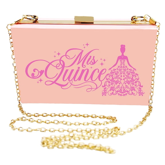 GIFTS INFINITY Mis Quince Años Quinceanera Purse for Women Acrylic Clutch Bag Shoulder Handbag with Removable Chain (Pink/Pink)