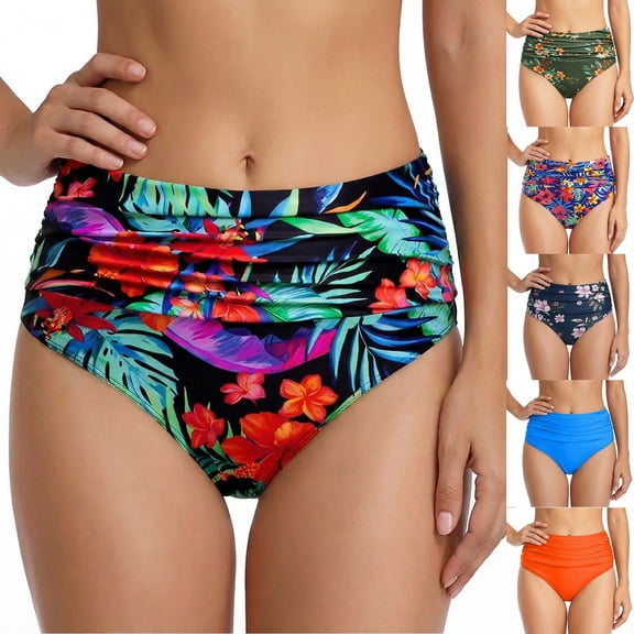 DHFJKG Women's High Waisted Bikini Bittoms Casual Tummy Control Retro Ruched Swim Briefs Summer Versatile Beachwear