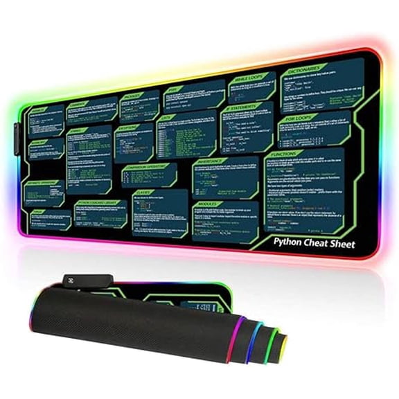 31.5x11.8 in Python Cheat Sheet RGB Led Mousepad for Beginner, Python Reference Guide Led Desk Mat, Python CheatSheet for Software Engineers, Gift for AI Programmer Desk Mat