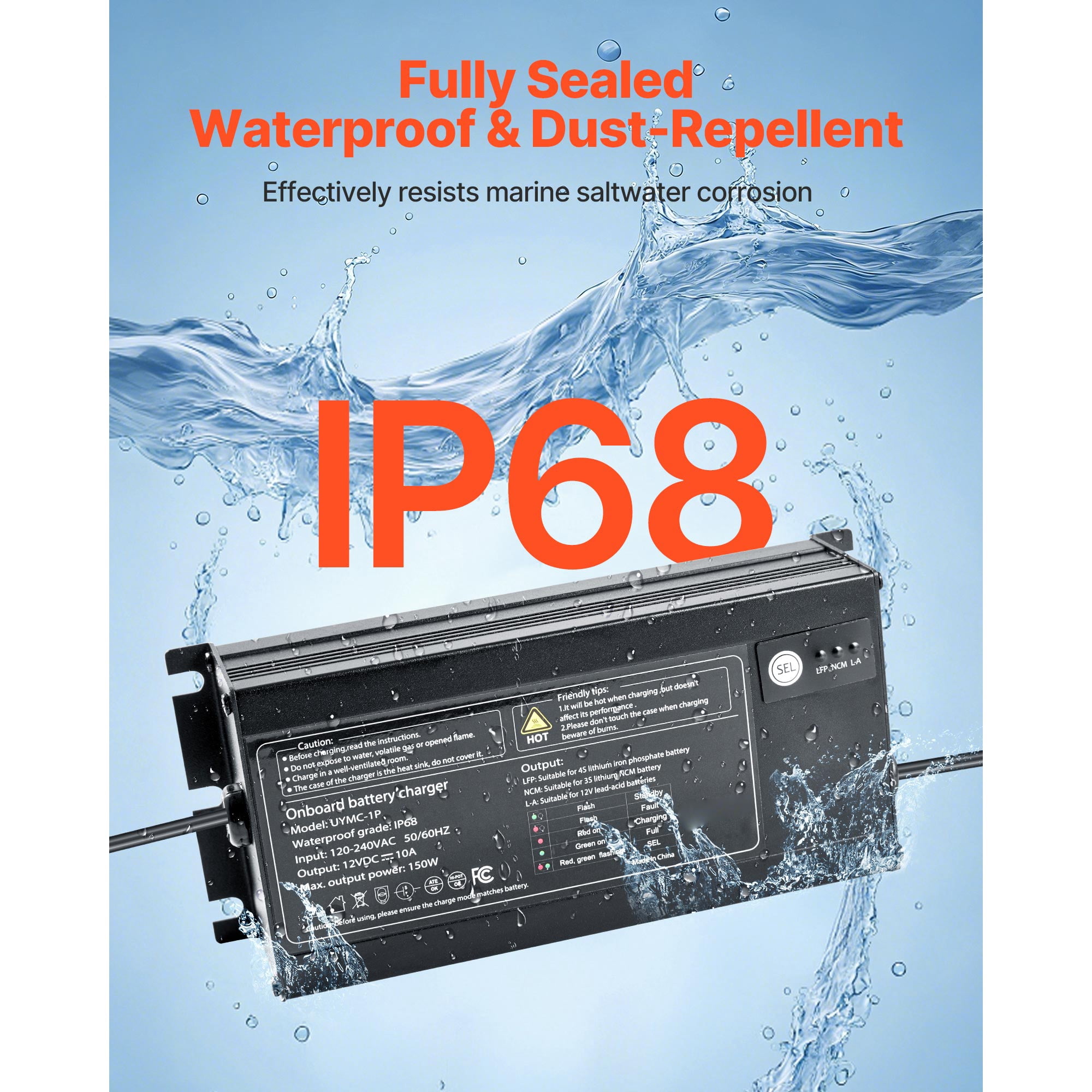 KFFKFF 1-Bank 10A 12V Onboard Marine Battery Charger, IP68 Waterproof Smart Charger for Lithium-Ion (LiFePO4), NCM, and Lead-Acid Batteries, Suitable for Boats, Yachts, RVs, and Trailers
