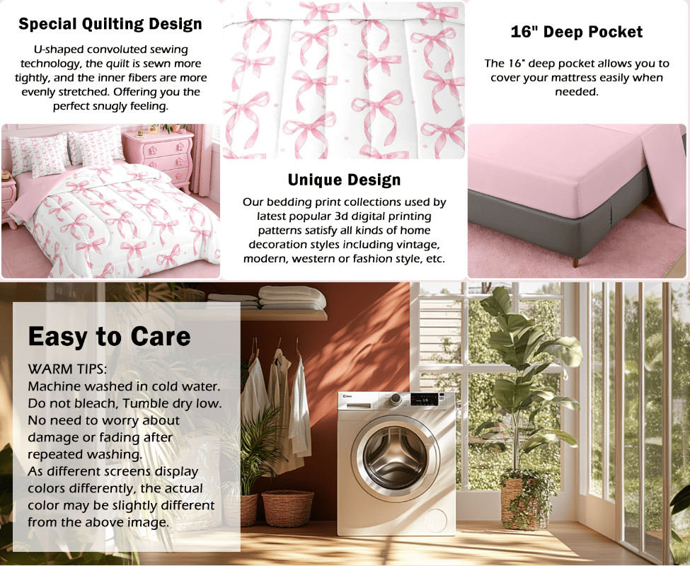Manfei Pink Bow Comforter Set for Girls,Cute Ribbon Bowknot Bedding Set 7Pcs,Chic Aesthetic Princess Room Decor,All Season Cozy Quilt for Kids Bedroom,Twin Size,Pink Reversible