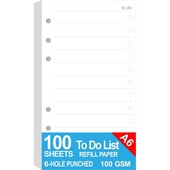 Recambios de lista de tareas A6 para agenda/carpeta de tamaño personal Filofax 6 agujeros perforados 100 hojas/200 páginas Planificador de tareas con lista de verificación organizativa 100 g/m² blanco