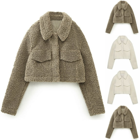 Lovskoo Womens Spring Fall Clothes Teddy Shacket Jacket Fuzzy Lapel Button Down Cropped Coat Winter Outerwear Khaki
