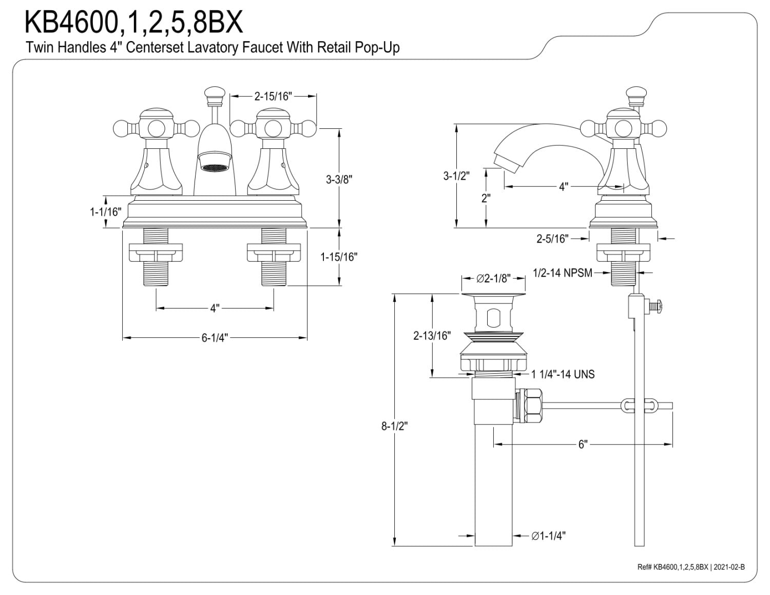 Kingston Brass KB4608BX Metropolitan 4 in. Centerset Bathroom Faucet with Pop-Up Drain, Brushed Nickel