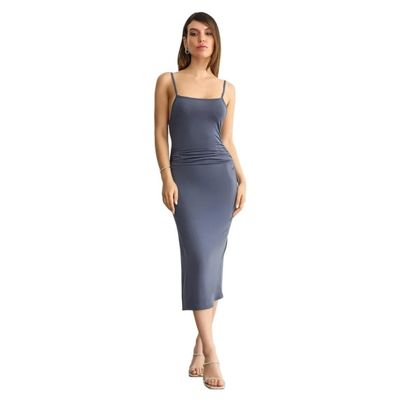 Sleeveless Square-Neck Bodycon Midi Dress with Side-Slit and Back Detail