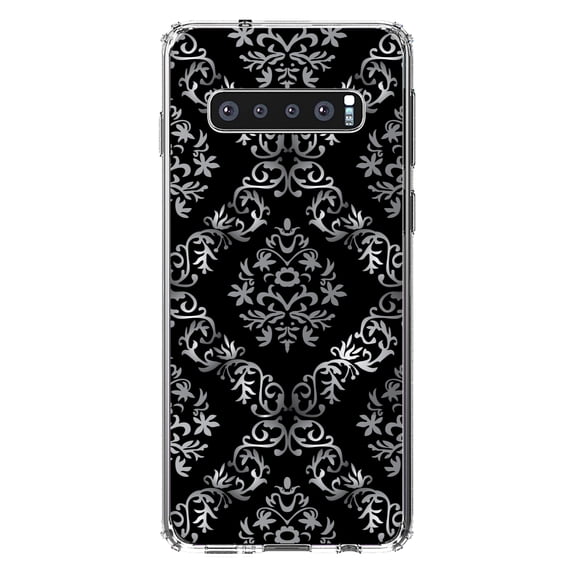 DistinctInk Clear Shockproof Hybrid Case for Samsung Galaxy S10 (6.1" Screen) - TPU Bumper, Acrylic Back, Tempered Glass Screen Protector - Black White Silver Grey Damask - Floral Damask Pattern