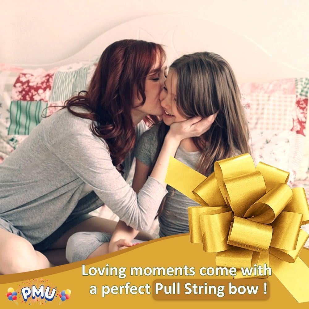 PMU Pull String Bows - Gift Bows for Wedding, Birthdays & Anniversaries - Ribbon Bows for Flowers & Basket Decoration - Large Bow for Gift Wrapping - 5 Inch 20 Loops Gold- (50/pkg)Pkg/1
