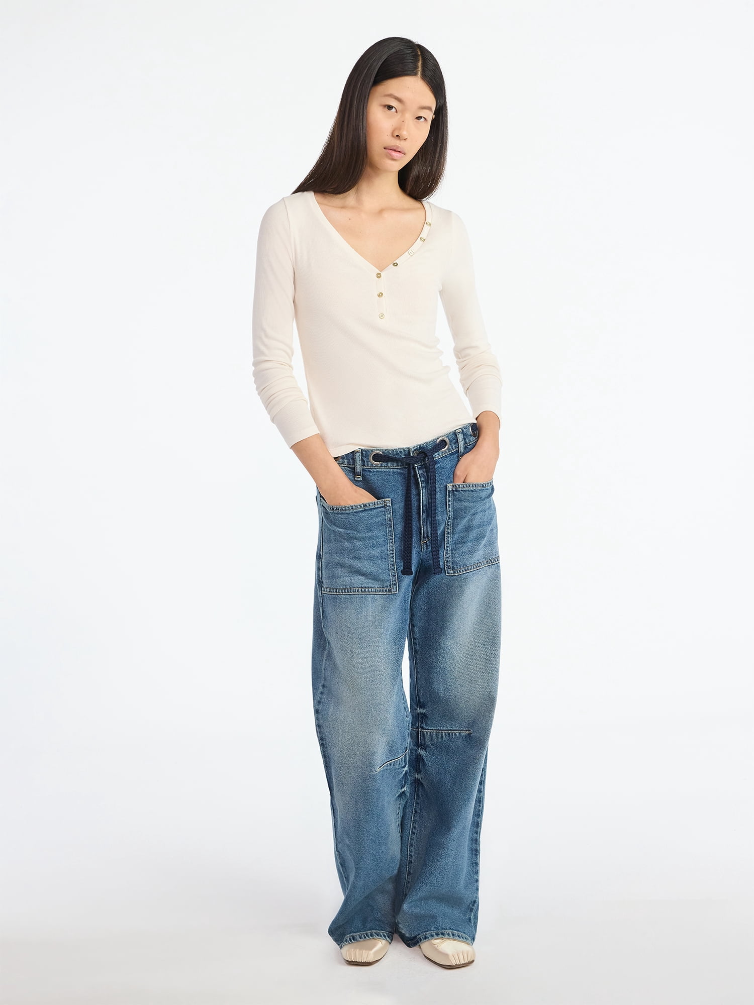 Scoop Women’s Ribbed V Neck Henley Top with Long Sleeves, Sizes XS-XXL
