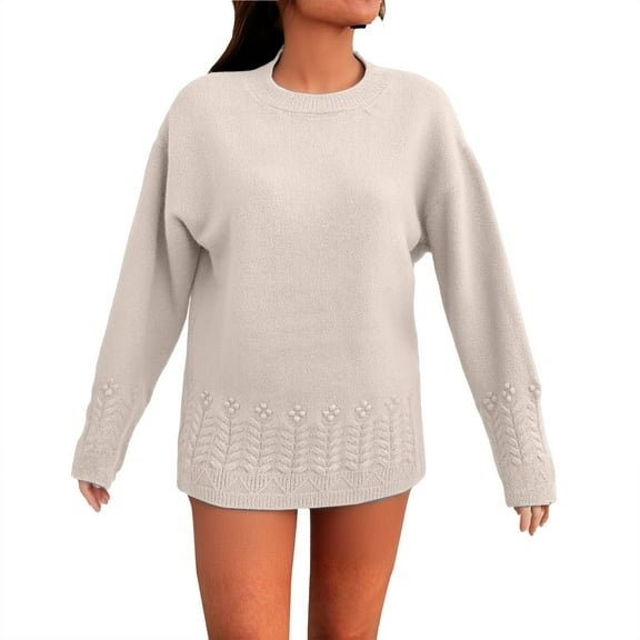 ManxiVoo Women's Round Neck Knit Sweater with Floral Crochet Design Vintage Style Pullover Top L Size Beige